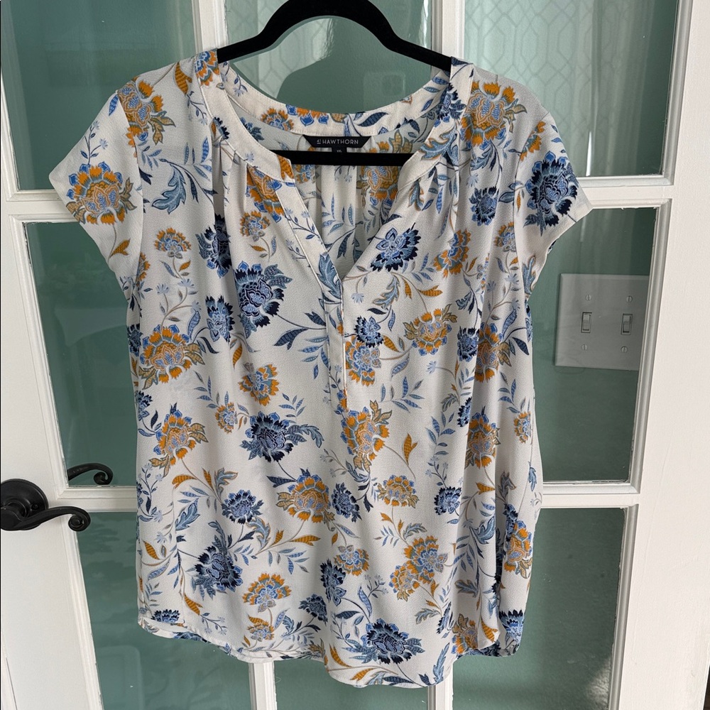 White Blouse with Blue and Gold Floral Pattern